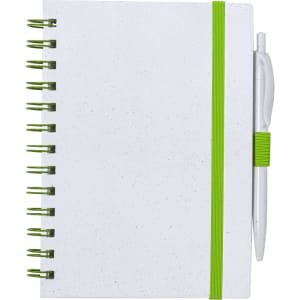 A white notebook with a green elastic band and a green pen attached, featuring spiral binding.