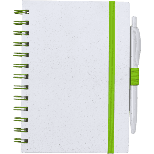 A white spiral-bound notebook with a green elastic band and a matching pen attached.