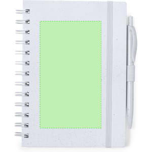 A white notebook with a green blank area, spiral binding, and a pen attached. Features a logo on the cover.