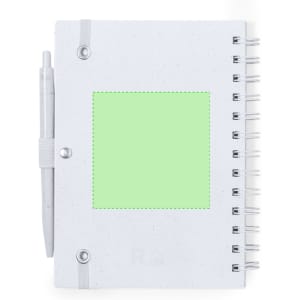 A white spiral notebook with a green square on the cover and a silver pen attached. It features a logo.
