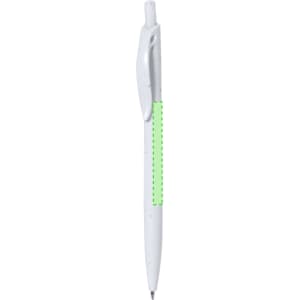 A white pen with a green accent section and a grip, featuring a logo on the body.