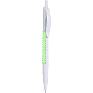 A white pen with a clickable top and a green highlighted section on the barrel.