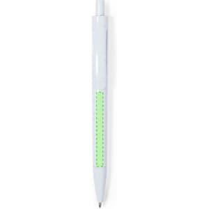A white pen with a green accent along the side and a clip. The pen has a sleek design and a nib for writing.