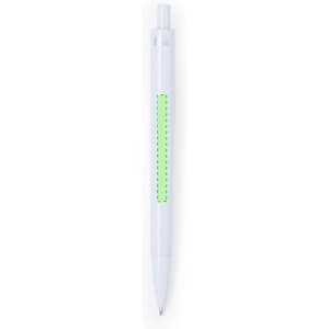 A white pen with a green grip section, featuring a click-top mechanism and a fine tip for writing.