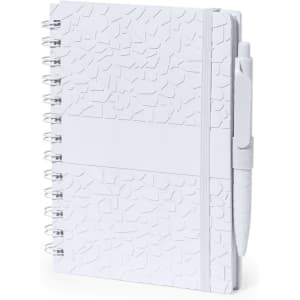 A white notebook with a textured cover and spiral binding, featuring an attached pen.