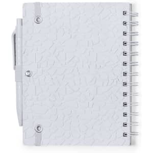 A grey notebook featuring a textured cover, spiral binding, and a pen attached. It also includes a logo on the front.