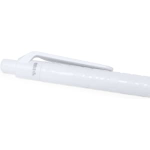 A white pen with a textured grip and a clip for easy attachment. It features a logo on its body.