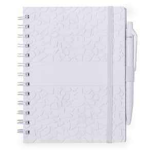 A white notebook with a textured cover, spiral binding, and a pen attached. It features a plain band for branding.