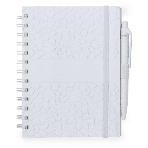 A white notebook with a textured cover and a pen attached, featuring a spiral binding and an elastic strap.