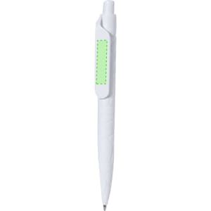 A white pen with a green clip and a branding area on the side.