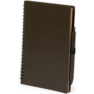 A dark brown spiral-bound notebook with a matching pen attached. The notebook features a simple cover design.