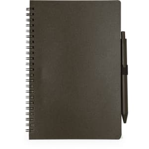 A dark grey spiral-bound notebook with a matching pen attached.