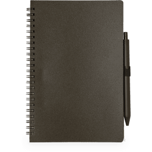 A black spiral-bound notebook with a matching pen attached. The notebook features a smooth cover and has a logo.
