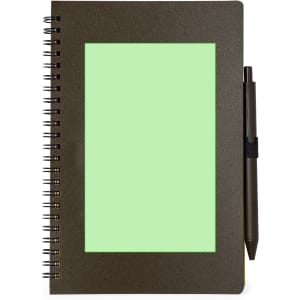 A dark notebook with a spiral binding and a green cover, accompanied by a pen attached to the side.