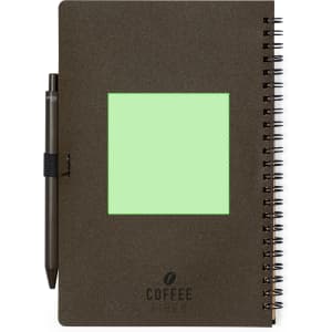 A brown spiral-bound notebook with a placeholder for notes and a matching pen attached.