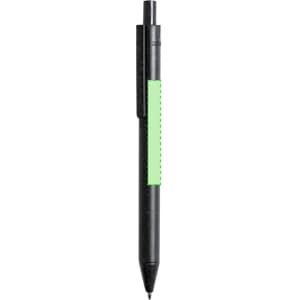 A black pen with a green grip, featuring a clip for easy attachment.