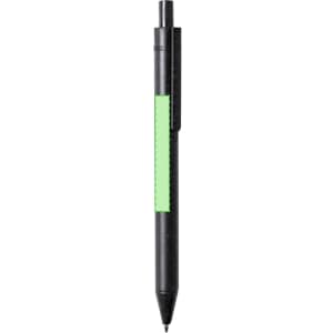 A black pen with a green grip, featuring a sturdy clip for easy attachment. It has a smooth writing tip.