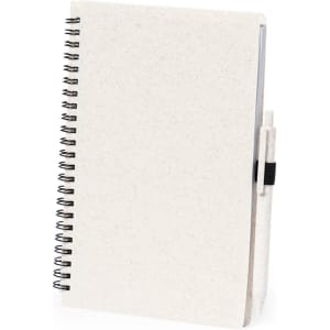 A spiral-bound notebook in cream with a textured cover and a matching pen attached.