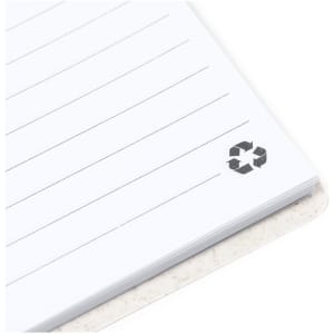 A notebook with lined pages in white, featuring a recycle logo. The cover is beige with a textured finish.