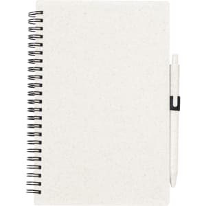 A white spiral-bound notebook with a black pen attached, featuring a textured cover.