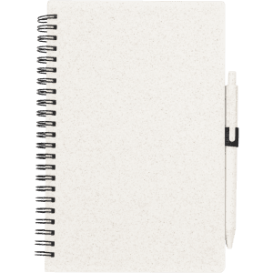 A spiral-bound notebook with a textured white cover and a matching pen attached.