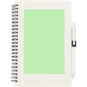 A spiral-bound notebook with a light green cover and a matching pen attached. It has a blank space for custom branding.