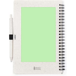 A spiral-bound notebook with a light green cover and a pen attached, featuring a logo on the front.