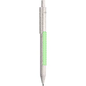 A pen with a speckled grey body and a green grip, featuring a logo on the barrel.