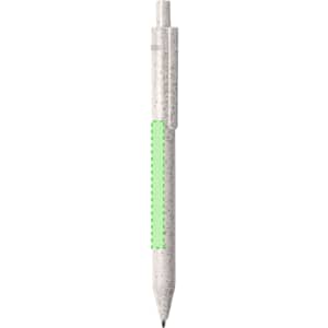 A pen with a speckled white body and a green grip, featuring a logo on its surface.