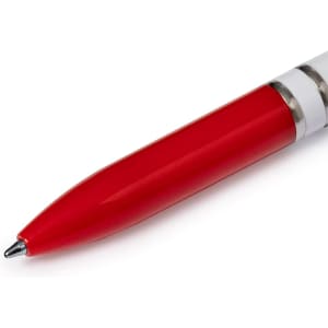 A red plastic pen with a silver band near the tip and a shiny finish. It features a branding logo.