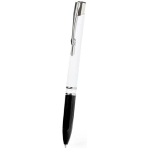 A plastic pen with a white upper body and black lower portion, featuring a silver clip and detailing.