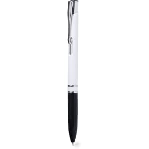 A plastic pen featuring a white barrel and black tip, with a silver clip and trim, and a logo on the side.