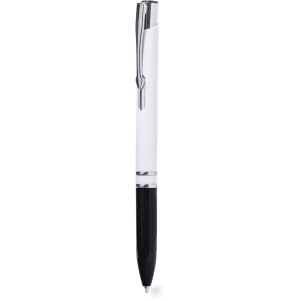 A plastic pen with a sleek white and black design, featuring a silver clip and detailing.
