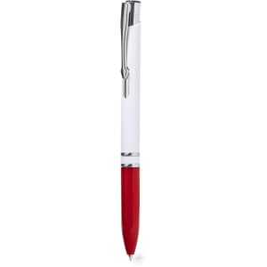 A plastic pen with a white body and a red lower section, featuring a silver clip and trim.