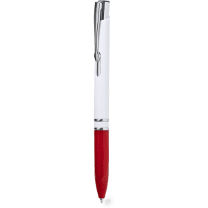 A plastic pen with a red lower barrel and white upper section, featuring a silver clip and branding.