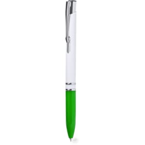 A green and white plastic pen with a silver clip, featuring a logo on its body.