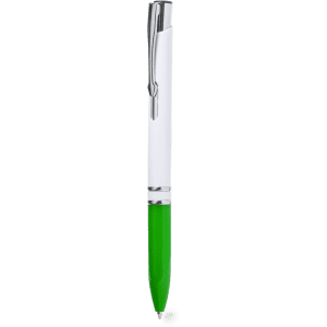 A plastic pen with a green lower section and a white upper section, featuring a silver clip and branding.