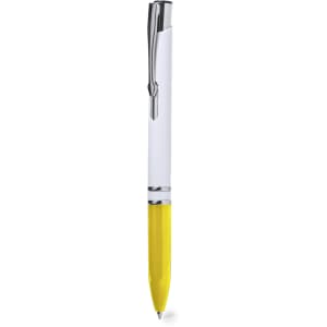 A plastic pen featuring a white body and a vibrant yellow bottom, with a silver clip and trim.