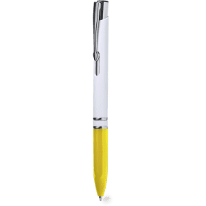 A plastic pen featuring a yellow lower section and a white upper section, with a silver clip and branding.