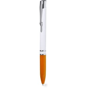 A plastic pen with a white body and an orange ink holder, featuring a silver clip and a logo on the barrel.