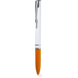 A plastic pen featuring a white body and an orange tip, with a silver clip and branding on the barrel.