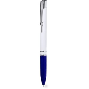 A plastic pen with a white upper body and blue lower section, featuring chrome accents and a logo.