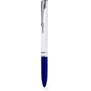A plastic pen with a white upper body and a blue lower section, featuring a metal clip and trim.