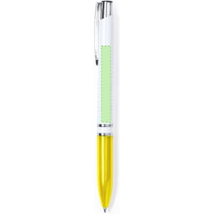 A Laury Pen featuring a white barrel, green accent, and yellow tip. The pen includes a silver clip.