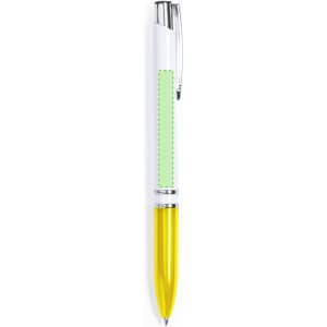 A plastic pen featuring a white body, bright yellow tip, and a green accent section. The pen has a logo.