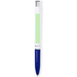 A plastic pen with a white barrel, a green section, and a blue tip. The pen features branding on it.