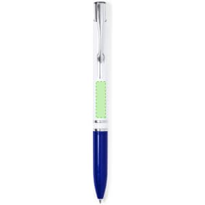 A plastic pen with a blue barrel, transparent upper section, and a green area for branding. Features a silver clip.