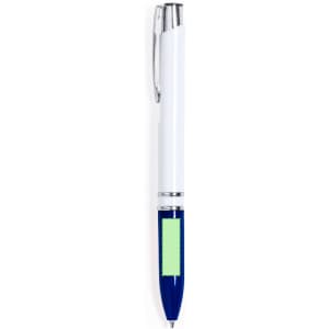 A plastic pen in white and blue, featuring a sleek design and a clip for attachment. It has a logo on the surface.