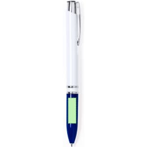 A plastic pen in white and blue, featuring a clip and a blank area, with branding visible.