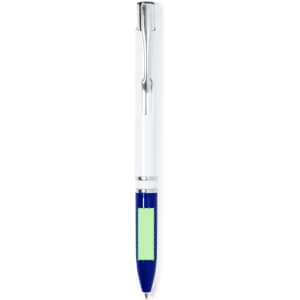 A plastic pen featuring a white barrel, a blue grip, and a logo on its side.